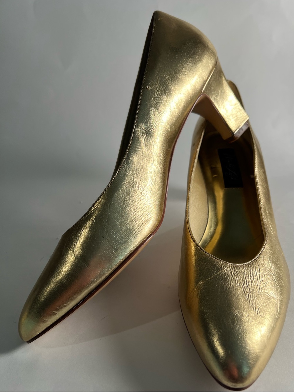 Vintage Night Life Metallic Gold Low Block Heel Pumps 11 Narrow